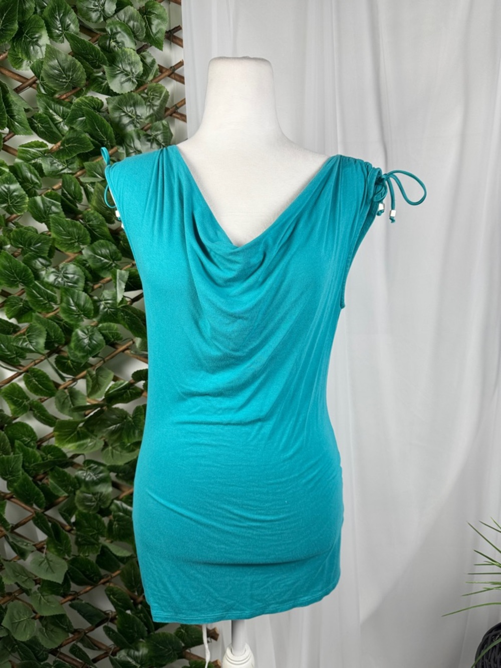 White House Black Market Teal Sleeveless Cowl-Neck Top with Shoulder Tie